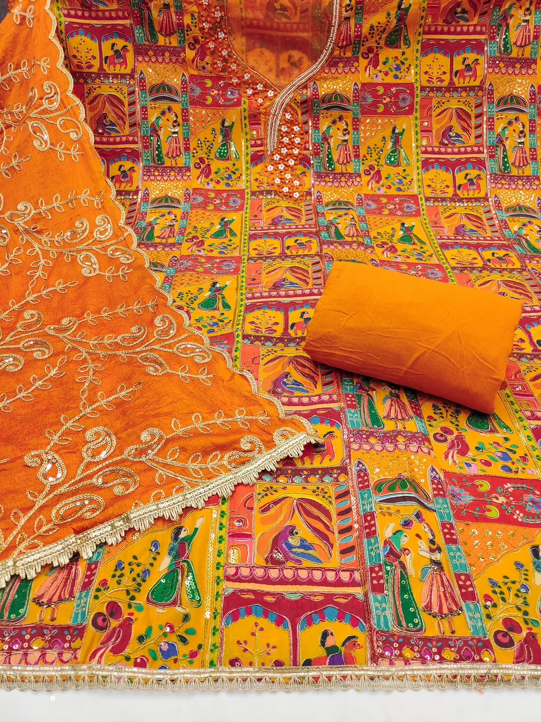 Refreshing Orange Floral Embroidered Viscose Dress Material Featuring Intricate Sequins & Moti Work - Image 4