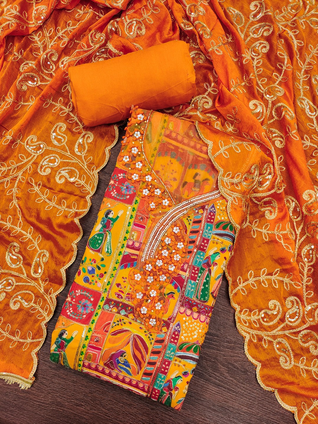 Refreshing Orange Floral Embroidered Viscose Dress Material Featuring Intricate Sequins & Moti Work - Image 3