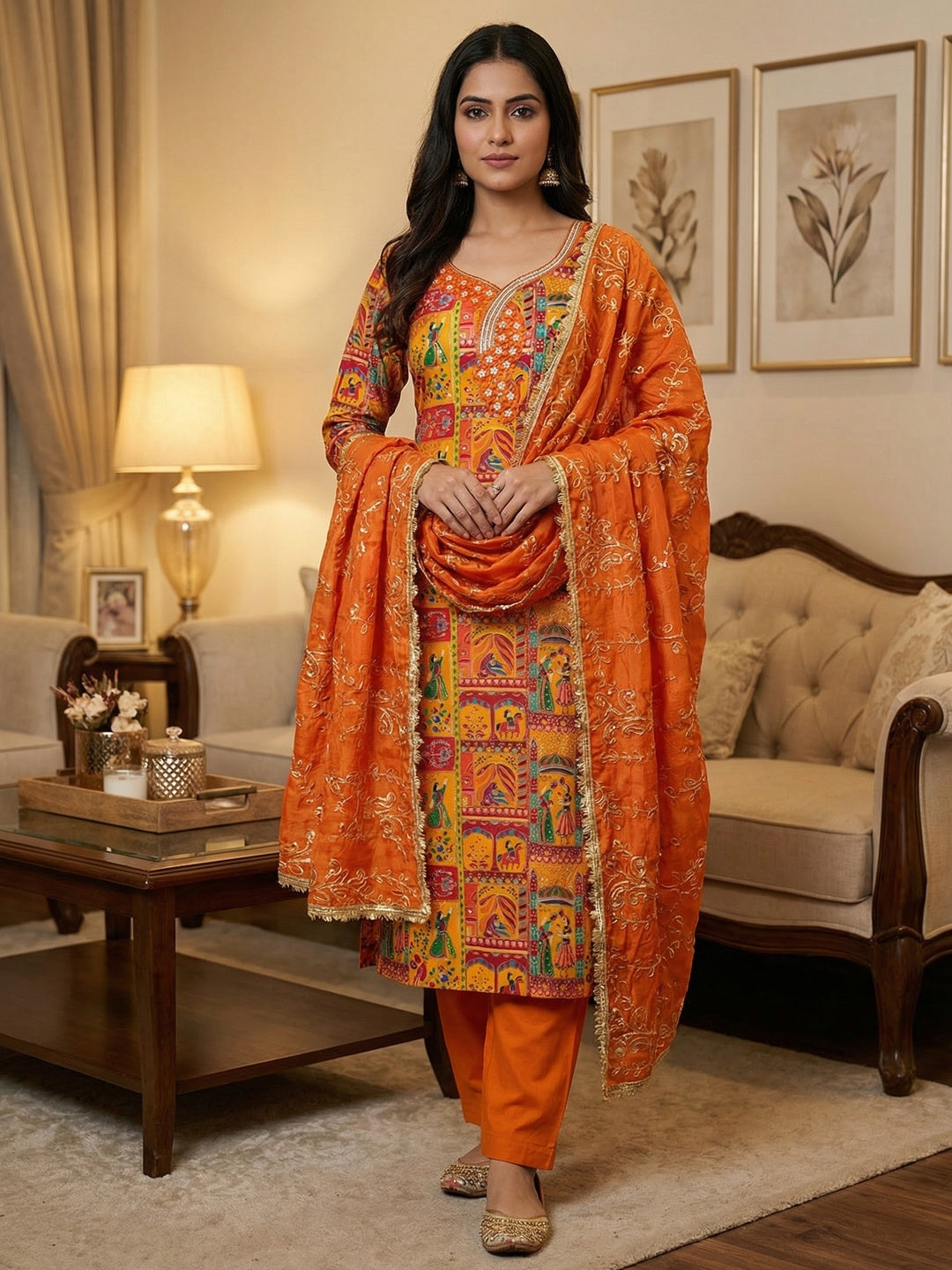 Refreshing Orange Floral Embroidered Viscose Dress Material Featuring Intricate Sequins & Moti Work - Image 2