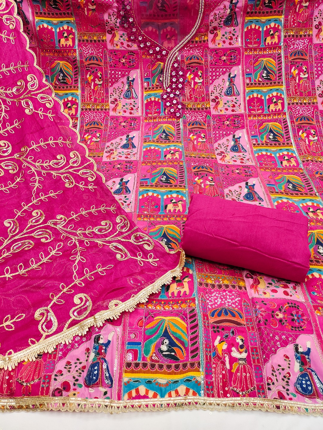 Refreshing Pink Floral Embroidered Viscose Dress Material Featuring Intricate Sequins & Moti Work - Image 5
