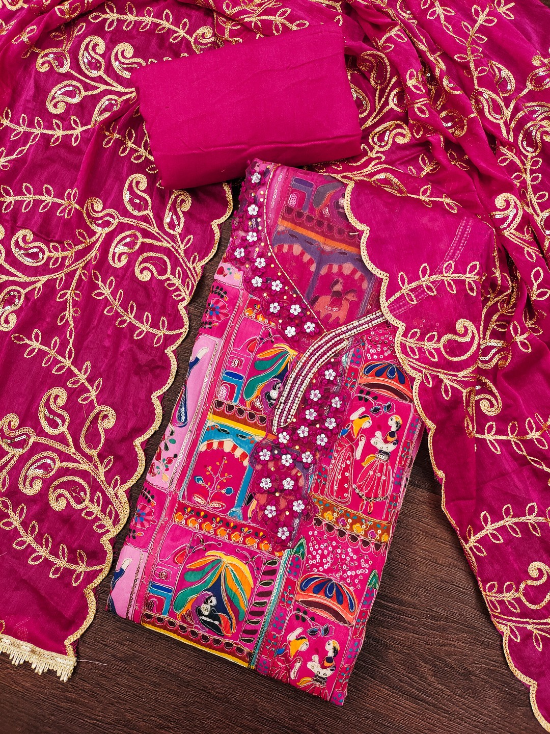 Refreshing Pink Floral Embroidered Viscose Dress Material Featuring Intricate Sequins & Moti Work - Image 2