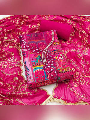 Refreshing Pink Floral Embroidered Viscose Dress Material Featuring Intricate Sequins & Moti Work - Image 1