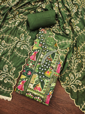 Refreshing Green Floral Embroidered Viscose Dress Material Featuring Intricate Sequins & Moti Work - Image 3