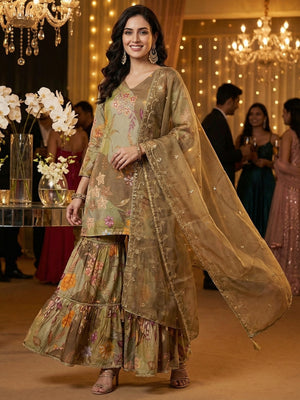 Stylish Green Floral Printed Muslin Kurta with Handwork and Matching Flared Sharara Bottom - Image 1