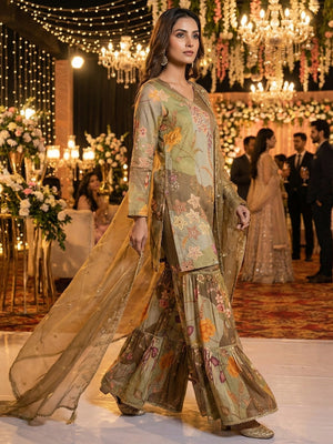 Stylish Green Floral Printed Muslin Kurta with Handwork and Matching Flared Sharara Bottom - Image 2