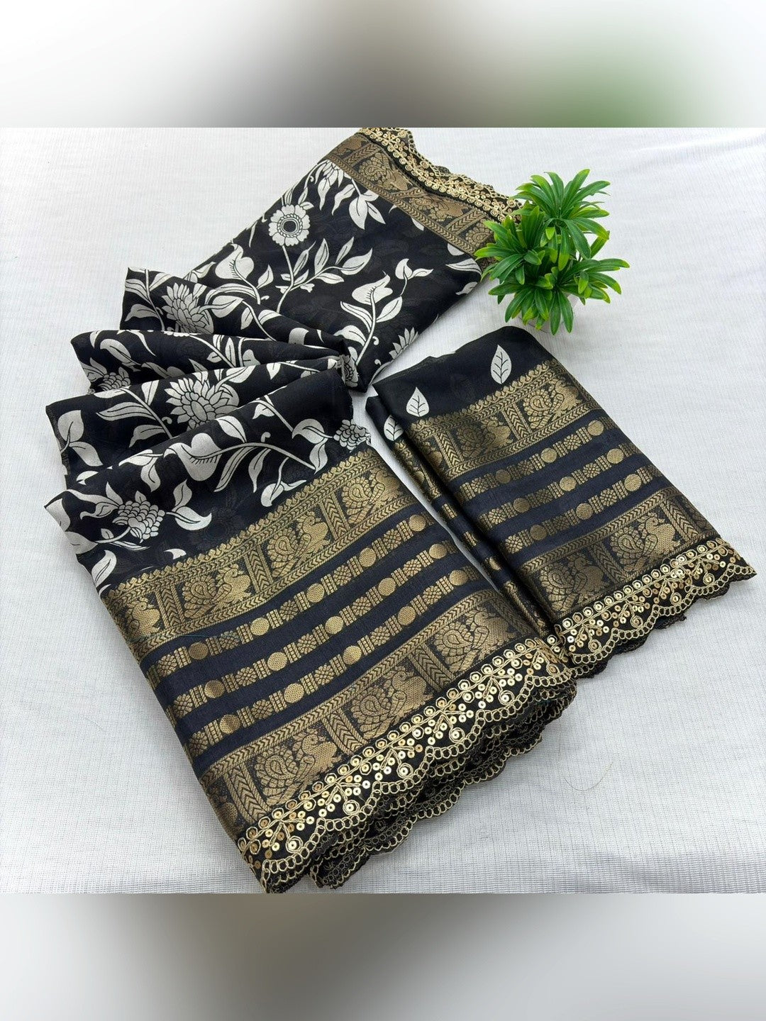 Classic Black Floral Print Dola Silk Saree With Peacock Motif Pallu & Sequins Cording Lace Border - Image 3