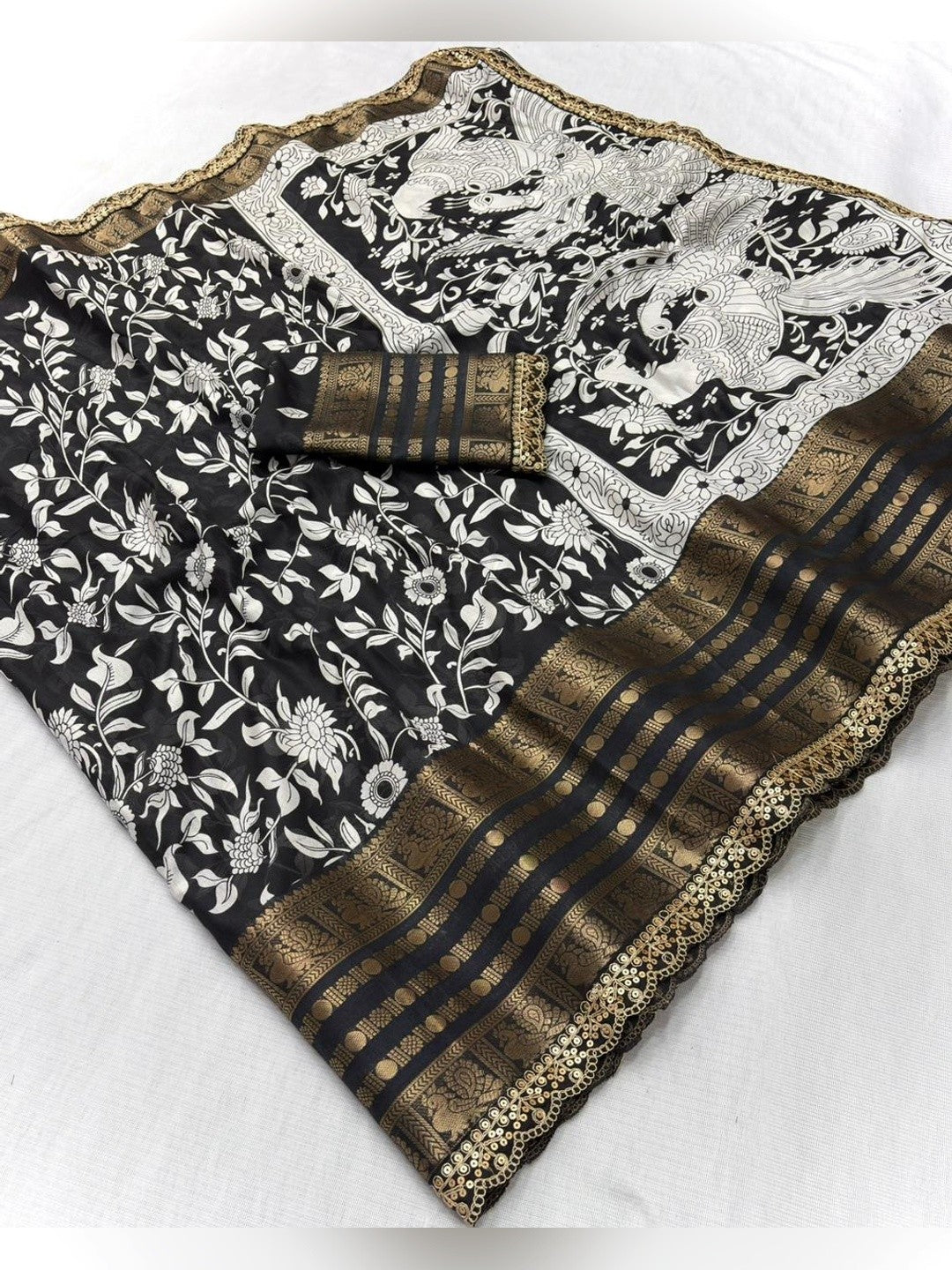 Classic Black Floral Print Dola Silk Saree With Peacock Motif Pallu & Sequins Cording Lace Border - Image 2