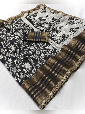 Classic Black Floral Print Dola Silk Saree With Peacock Motif Pallu & Sequins Cording Lace Border - Image 2