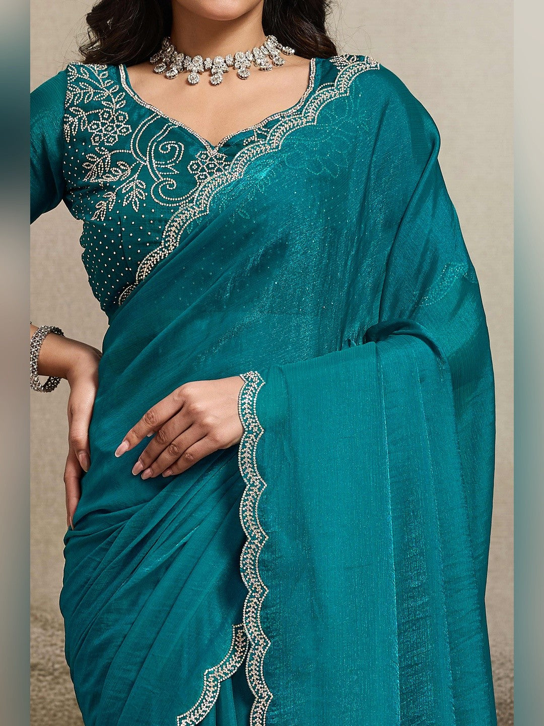 Elegant Dark Teal Solid Organza Chiffon Silk Saree Highlighted With Jarkan Work Border - Image 5