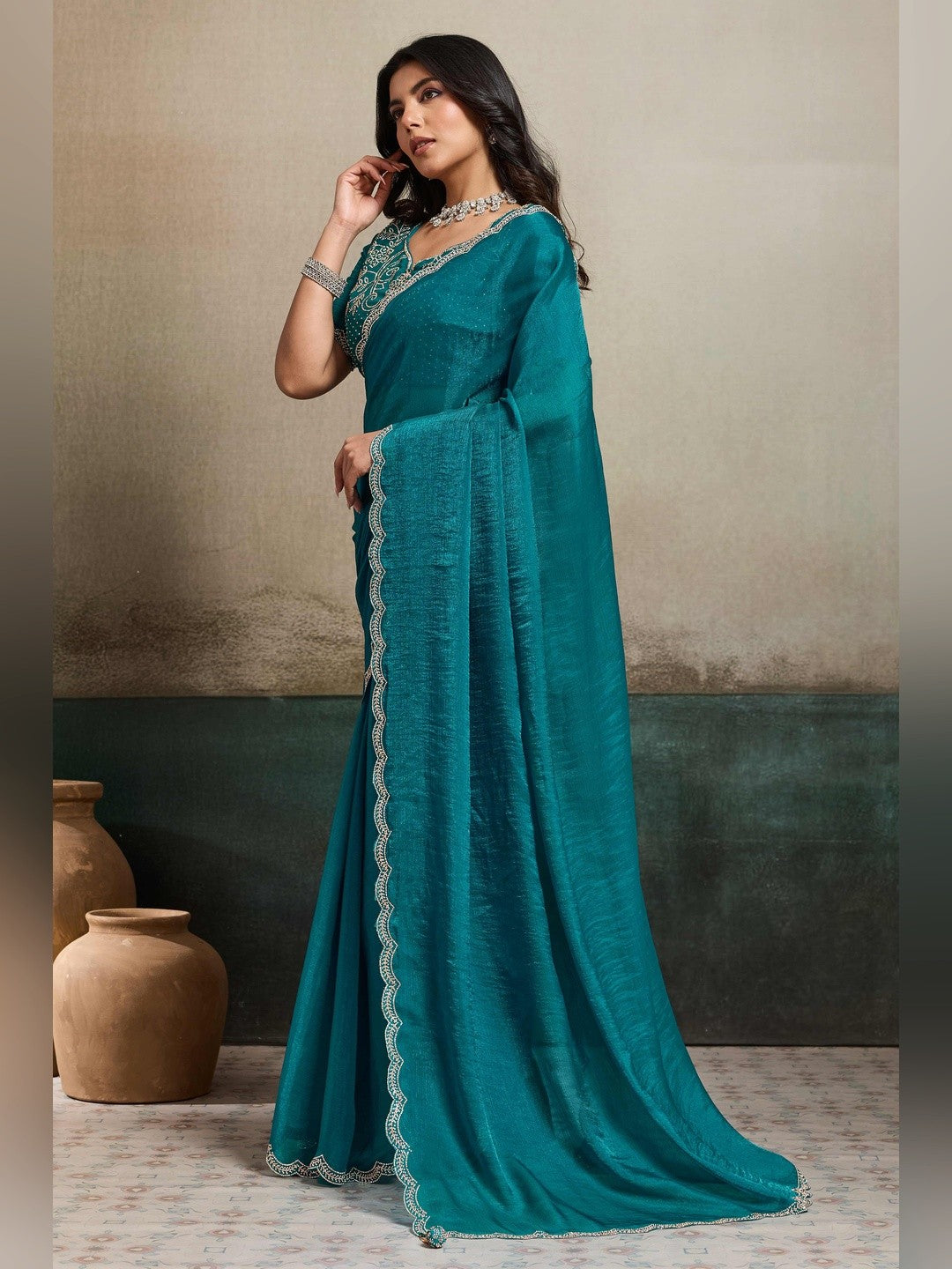 Elegant Dark Teal Solid Organza Chiffon Silk Saree Highlighted With Jarkan Work Border - Image 8