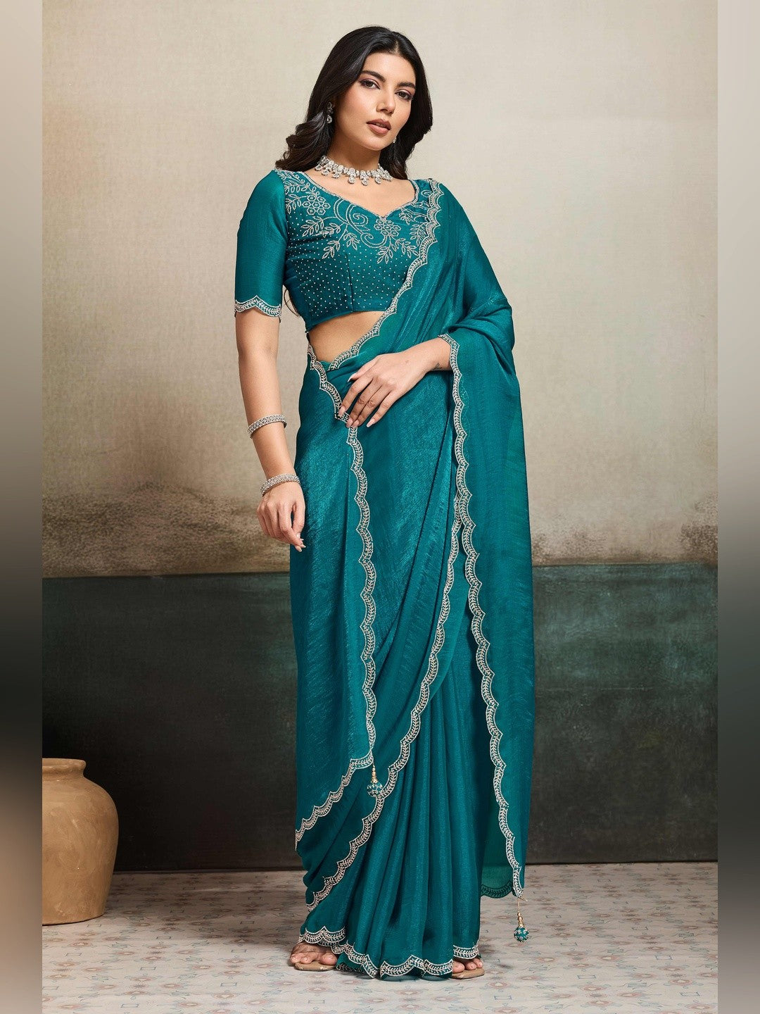 Elegant Dark Teal Solid Organza Chiffon Silk Saree Highlighted With Jarkan Work Border - Image 2