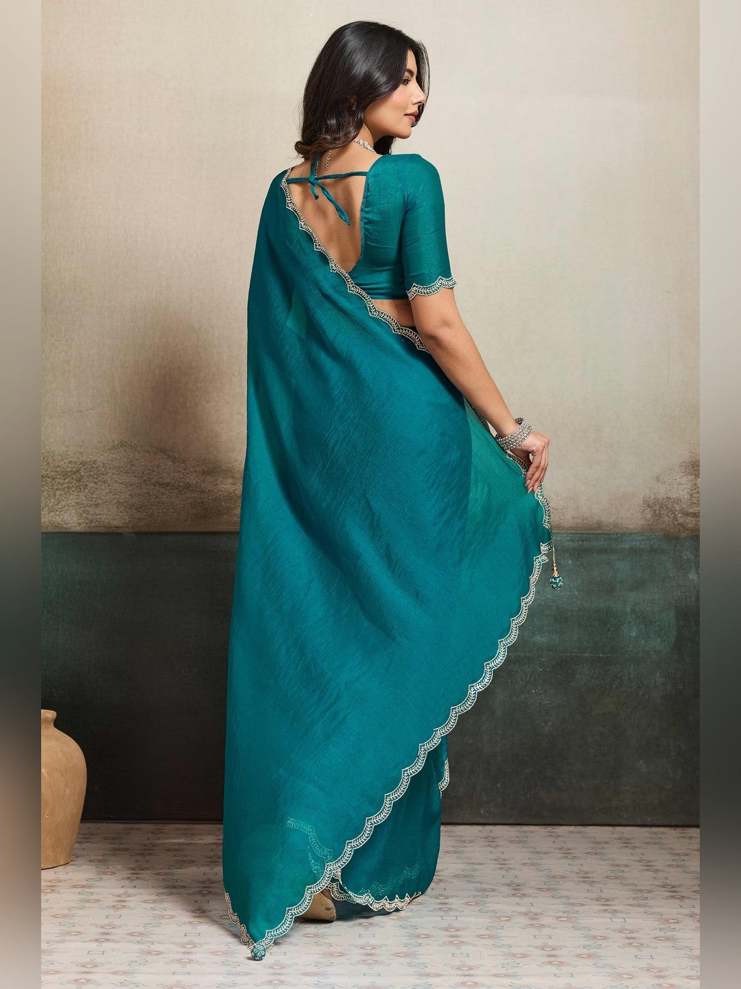 Elegant Dark Teal Solid Organza Chiffon Silk Saree Highlighted With Jarkan Work Border - Image 2