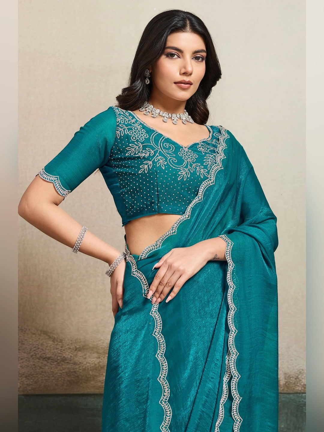 Elegant Dark Teal Solid Organza Chiffon Silk Saree Highlighted With Jarkan Work Border - Image 6
