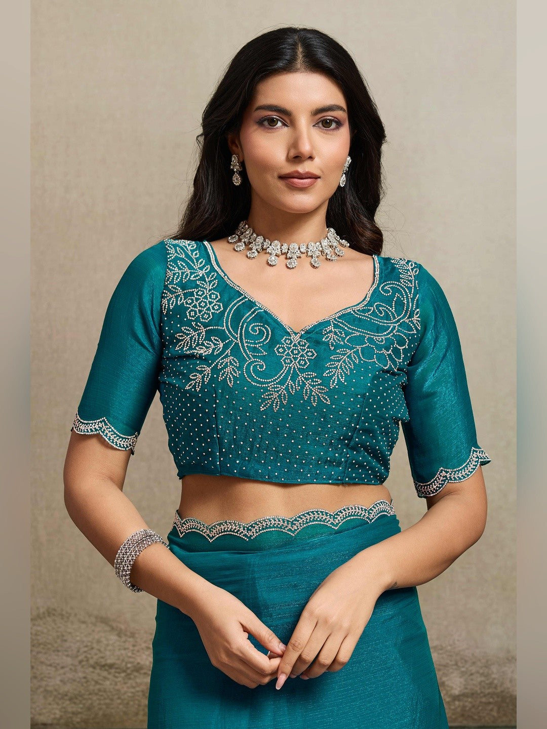 Elegant Dark Teal Solid Organza Chiffon Silk Saree Highlighted With Jarkan Work Border - Image 6