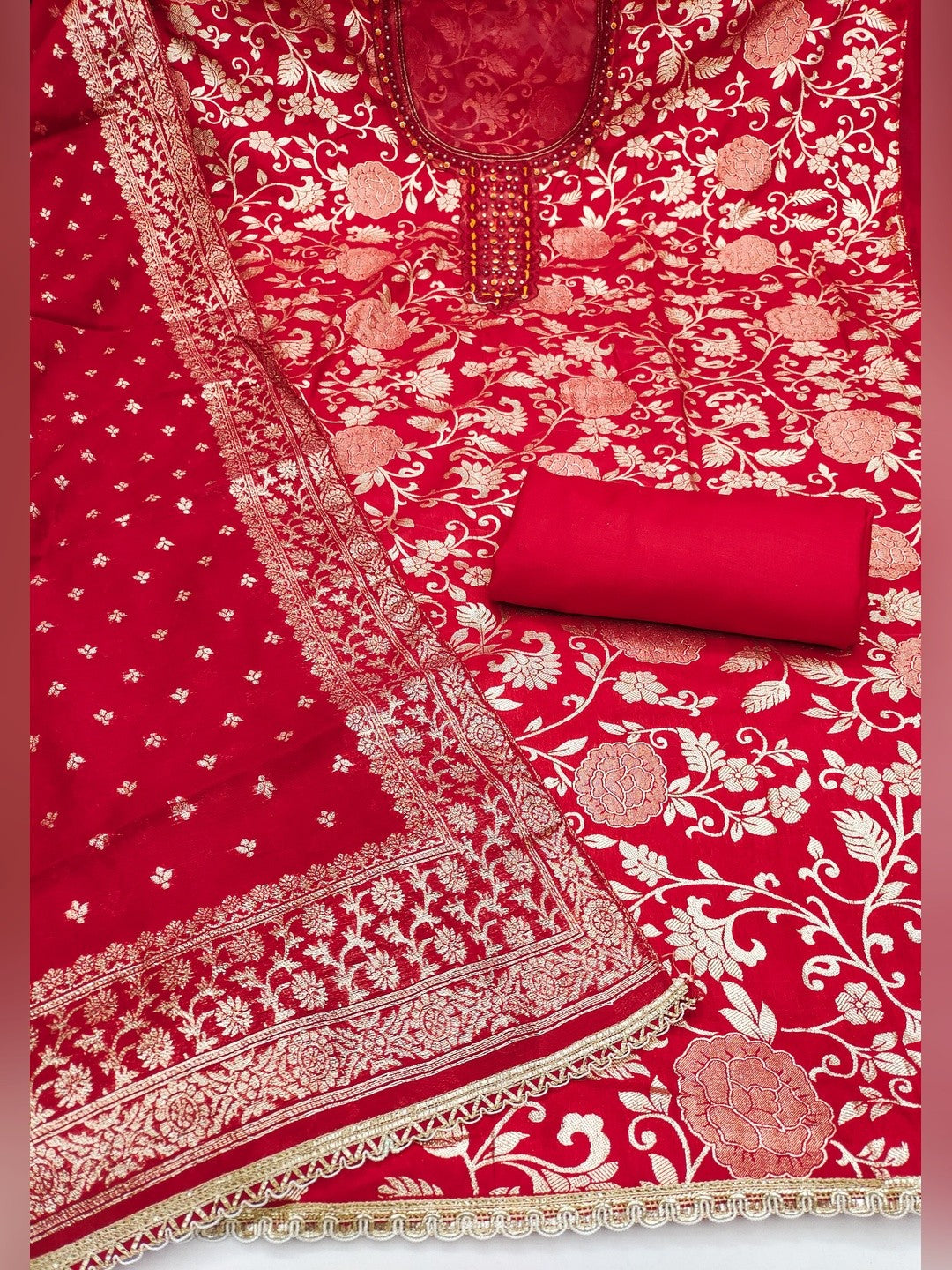 Charming Red Floral Weaving Jacquard Dress Material Showcasing Refined Moti Handwork - Image 3