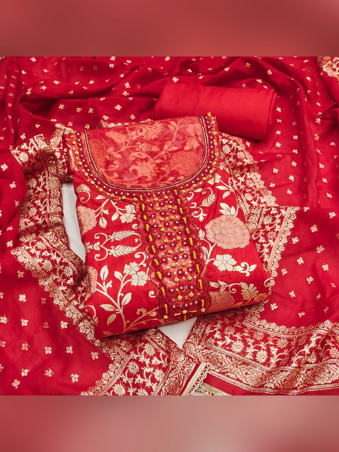 Charming Red Floral Weaving Jacquard Dress Material Showcasing Refined Moti Handwork - Image 2