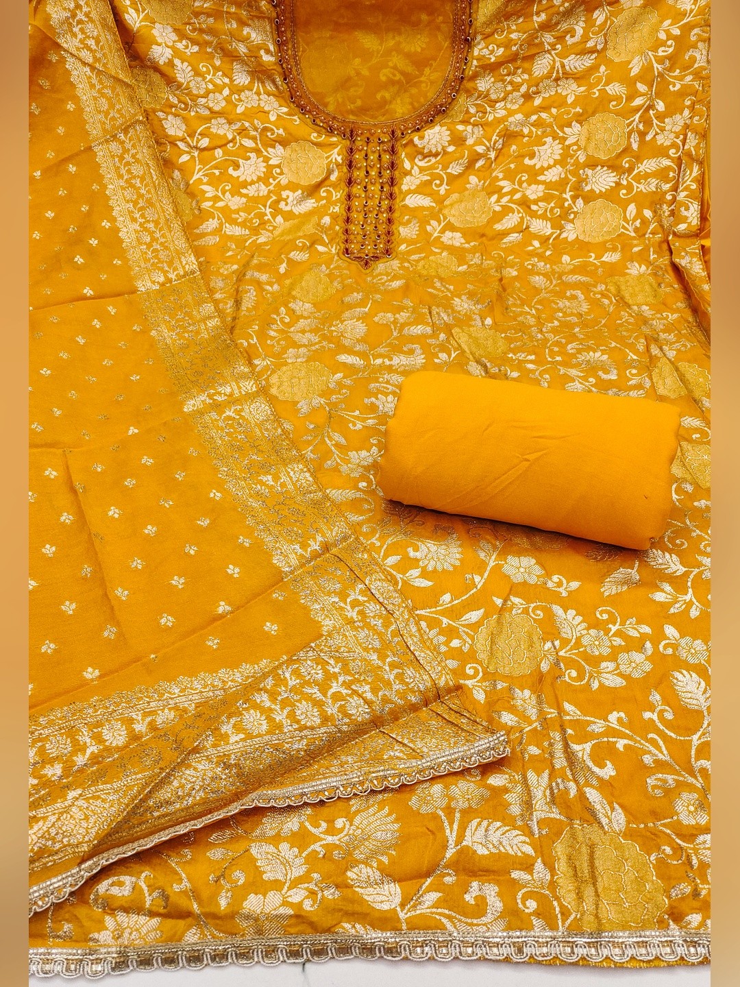 Charming Yellow Floral Weaving Jacquard Dress Material Showcasing Refined Moti Handwork - Image 3