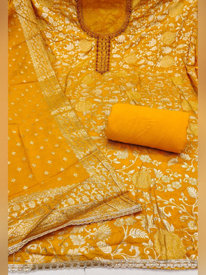 Charming Yellow Floral Weaving Jacquard Dress Material Showcasing Refined Moti Handwork - Image 2