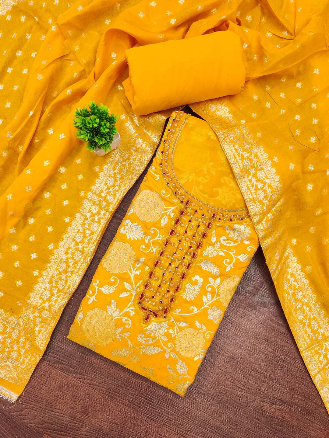 Charming Yellow Floral Weaving Jacquard Dress Material Showcasing Refined Moti Handwork - Image 4