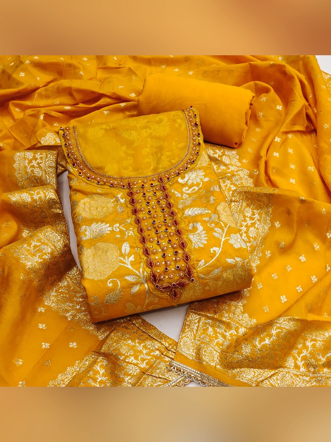 Charming Yellow Floral Weaving Jacquard Dress Material Showcasing Refined Moti Handwork - Image 1