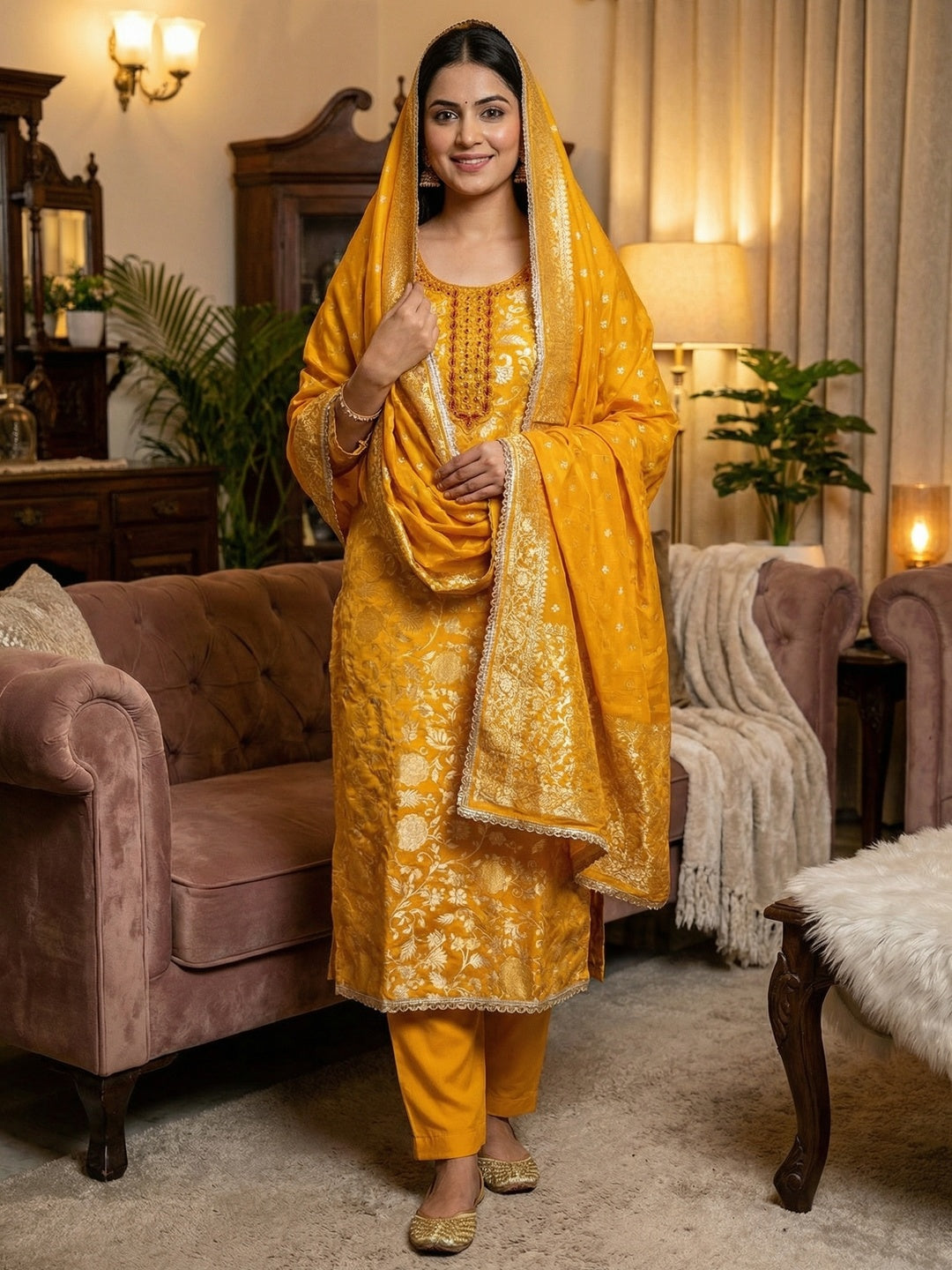 Charming Yellow Floral Weaving Jacquard Dress Material Showcasing Refined Moti Handwork - Image 2