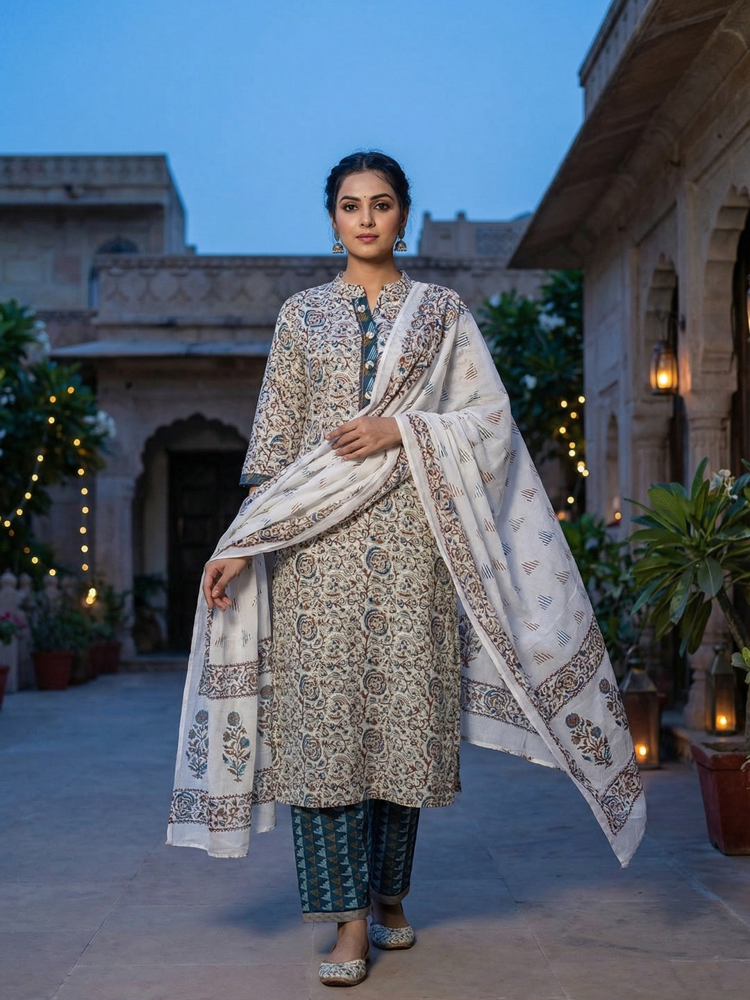 White Floral Print Pure Cotton Straight Fit Salwar Suit with Timeless Ethnic Appeal - Image 1