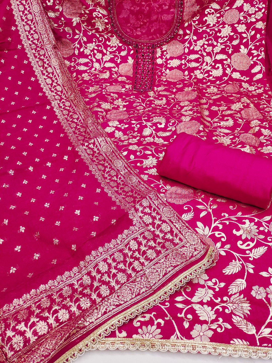 Charming Pink Floral Weaving Jacquard Dress Material Showcasing Refined Moti Handwork - Image 2
