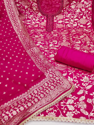 Charming Pink Floral Weaving Jacquard Dress Material Showcasing Refined Moti Handwork - Image 2