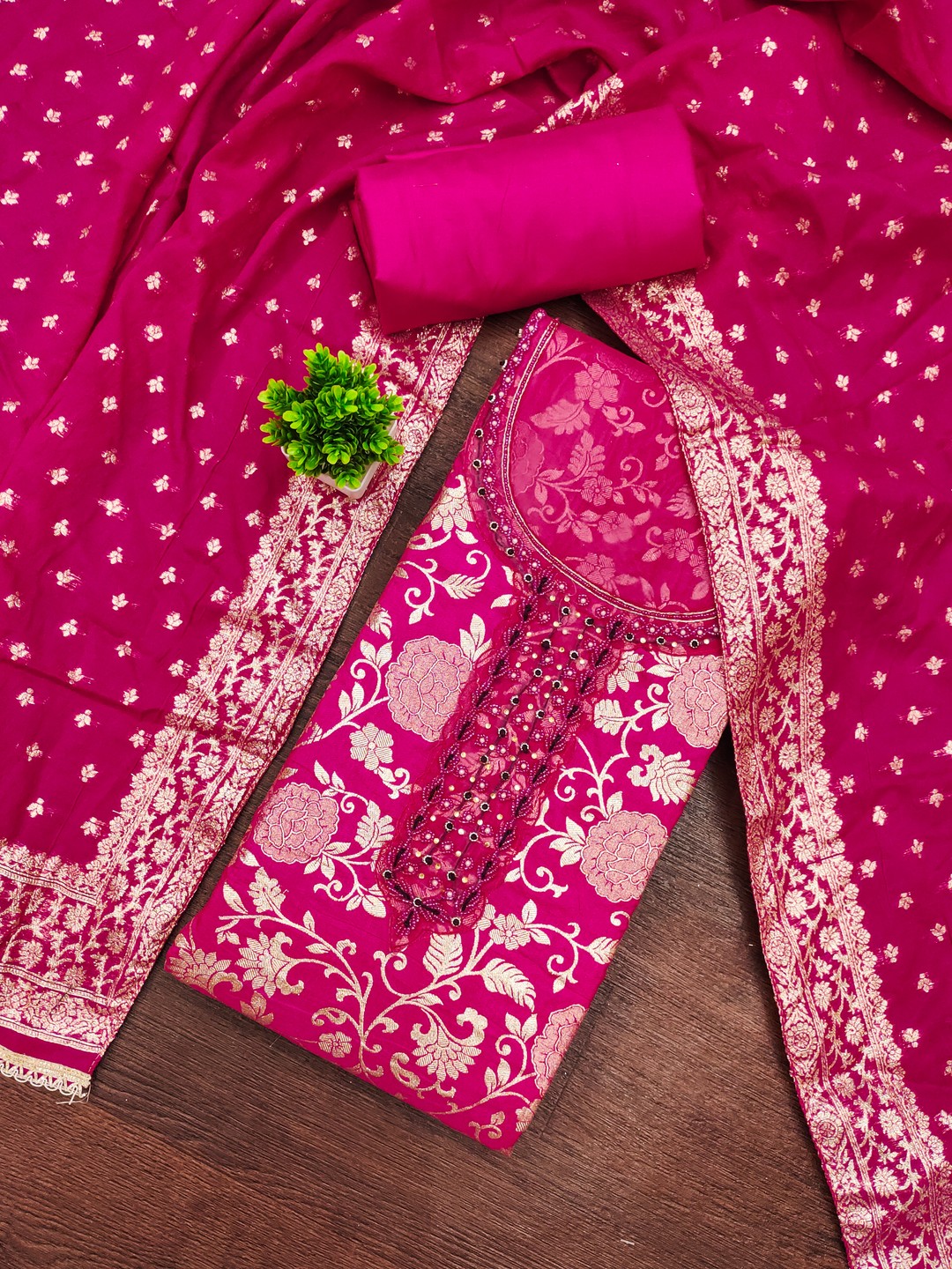 Charming Pink Floral Weaving Jacquard Dress Material Showcasing Refined Moti Handwork - Image 4
