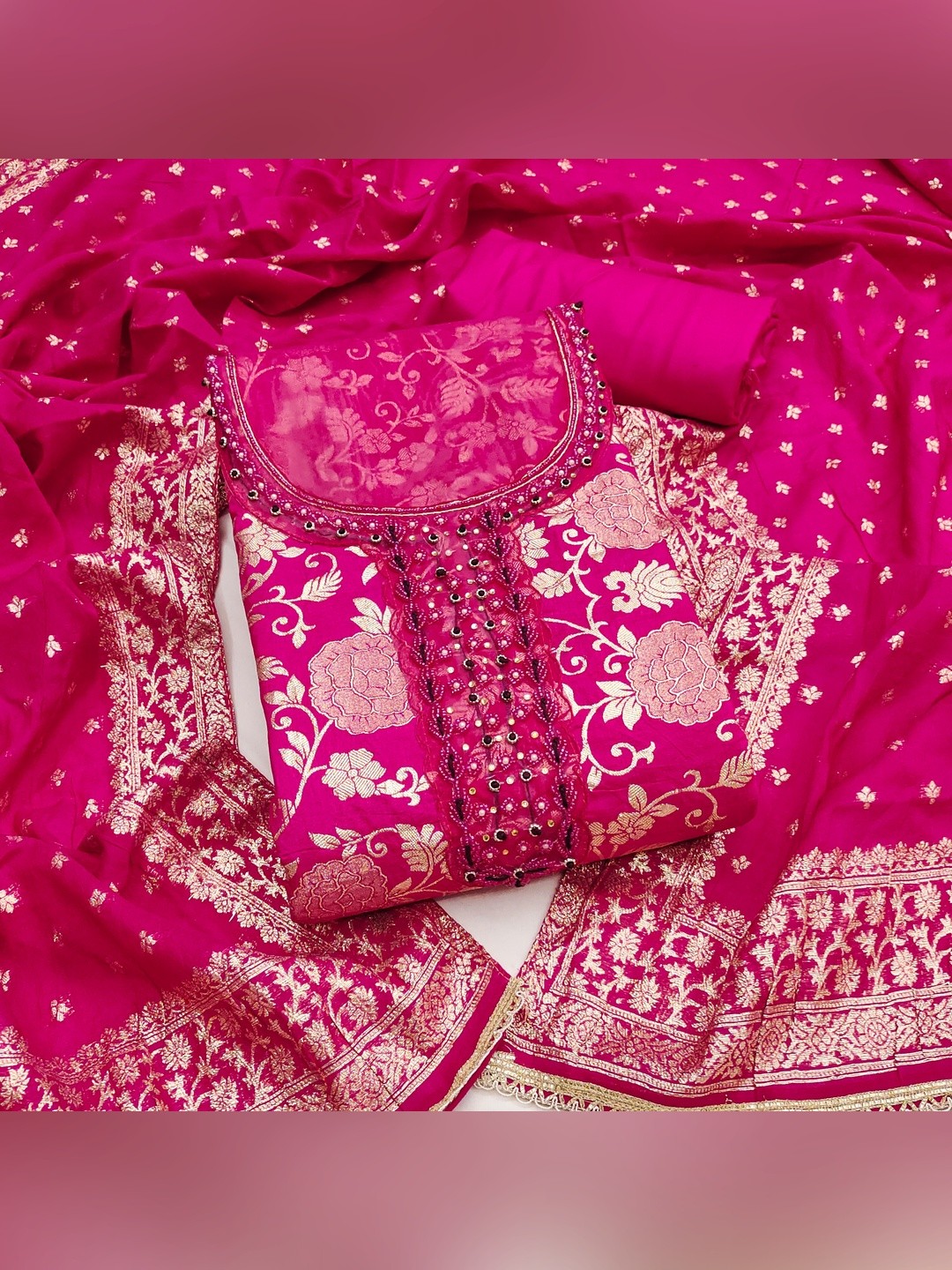 Charming Pink Floral Weaving Jacquard Dress Material Showcasing Refined Moti Handwork - Image 1