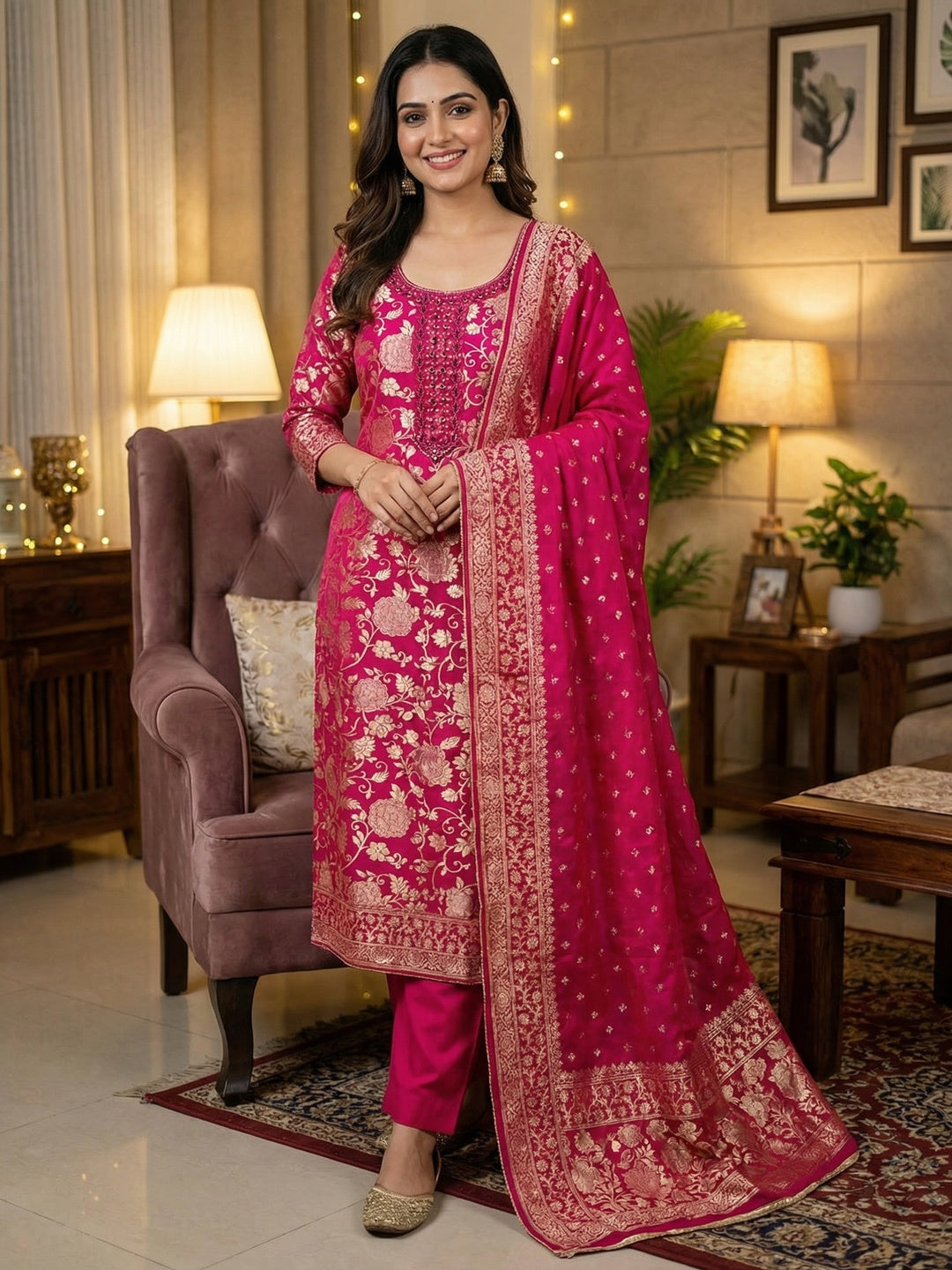 Charming Pink Floral Weaving Jacquard Dress Material Showcasing Refined Moti Handwork - Image 3