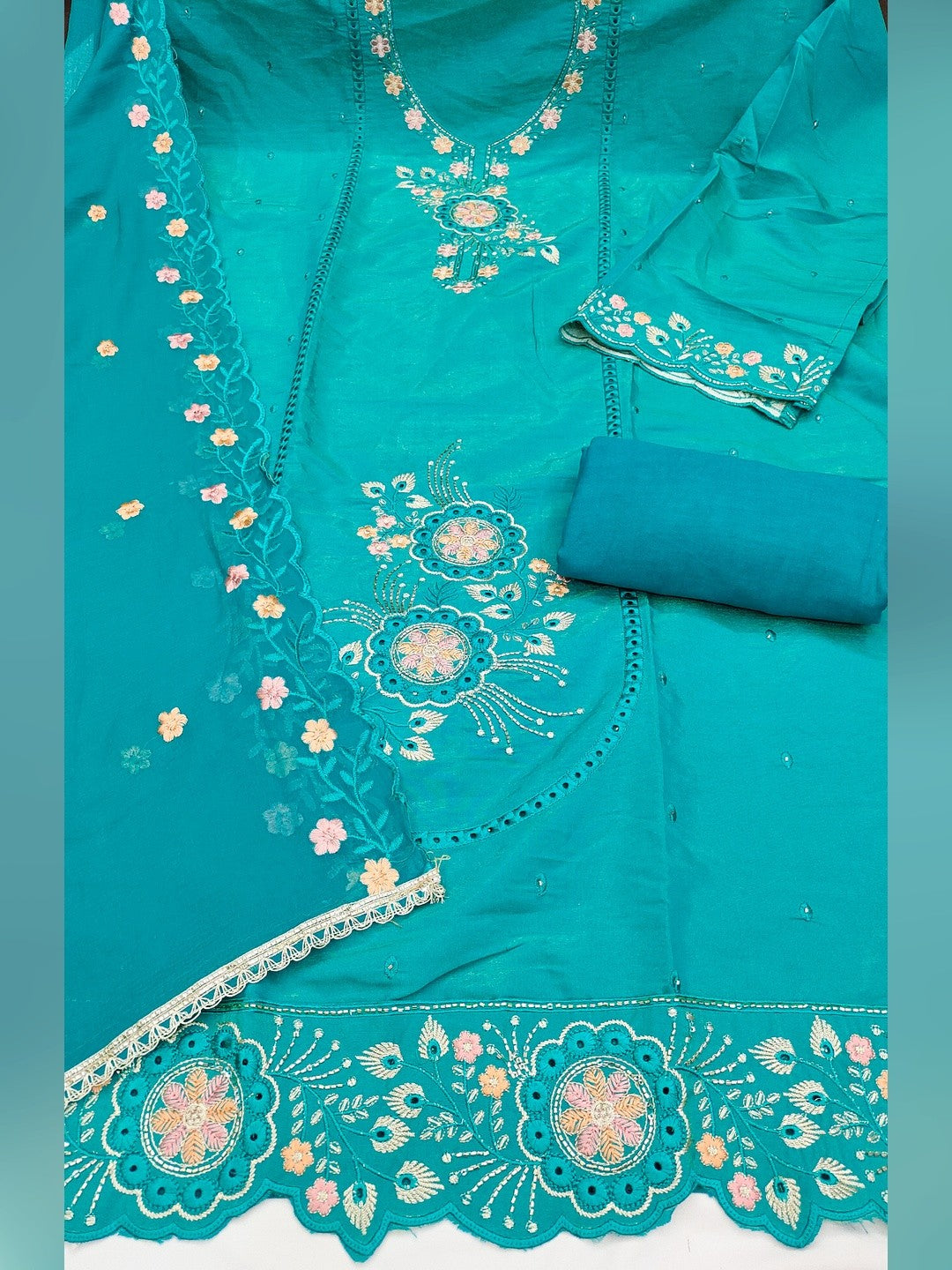 Classic Rama Blue Floral Embroidered Viscose Dress Material With Graceful Handcrafted Finishing - Image 3