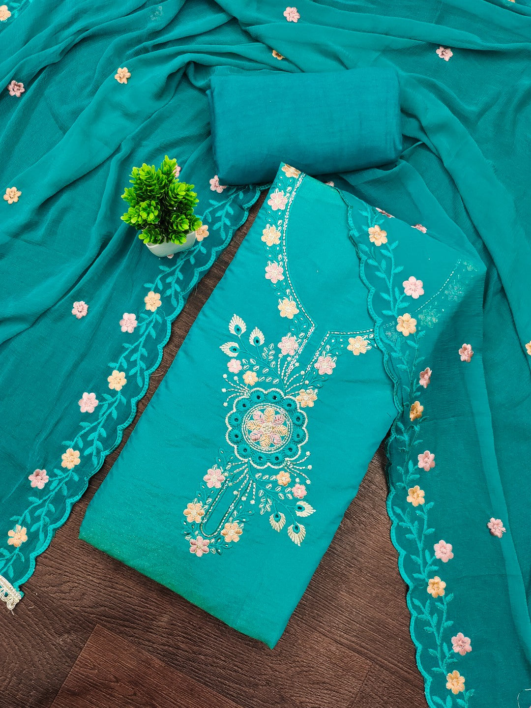 Classic Rama Blue Floral Embroidered Viscose Dress Material With Graceful Handcrafted Finishing - Image 4