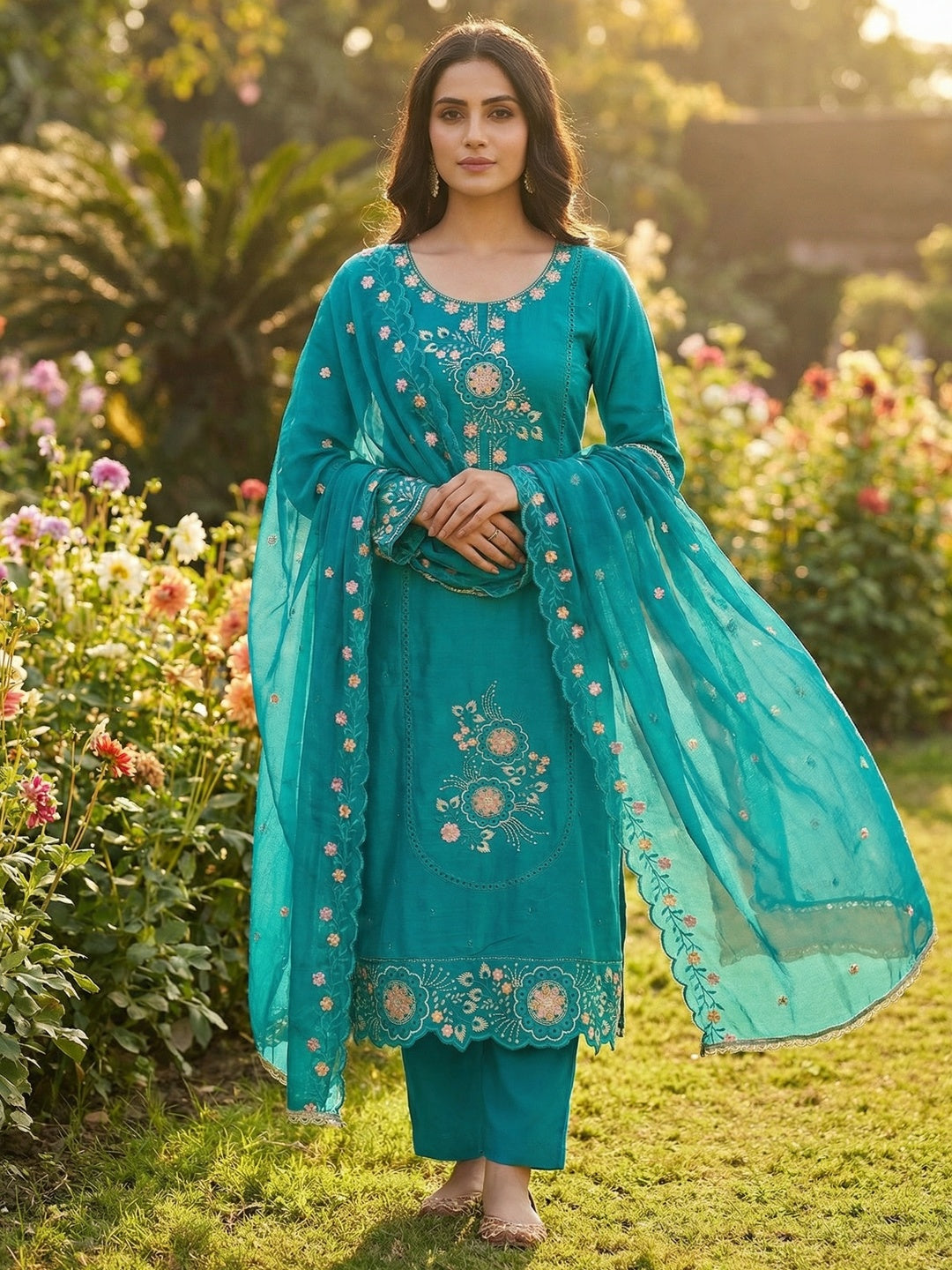 Classic Rama Blue Floral Embroidered Viscose Dress Material With Graceful Handcrafted Finishing - Image 2