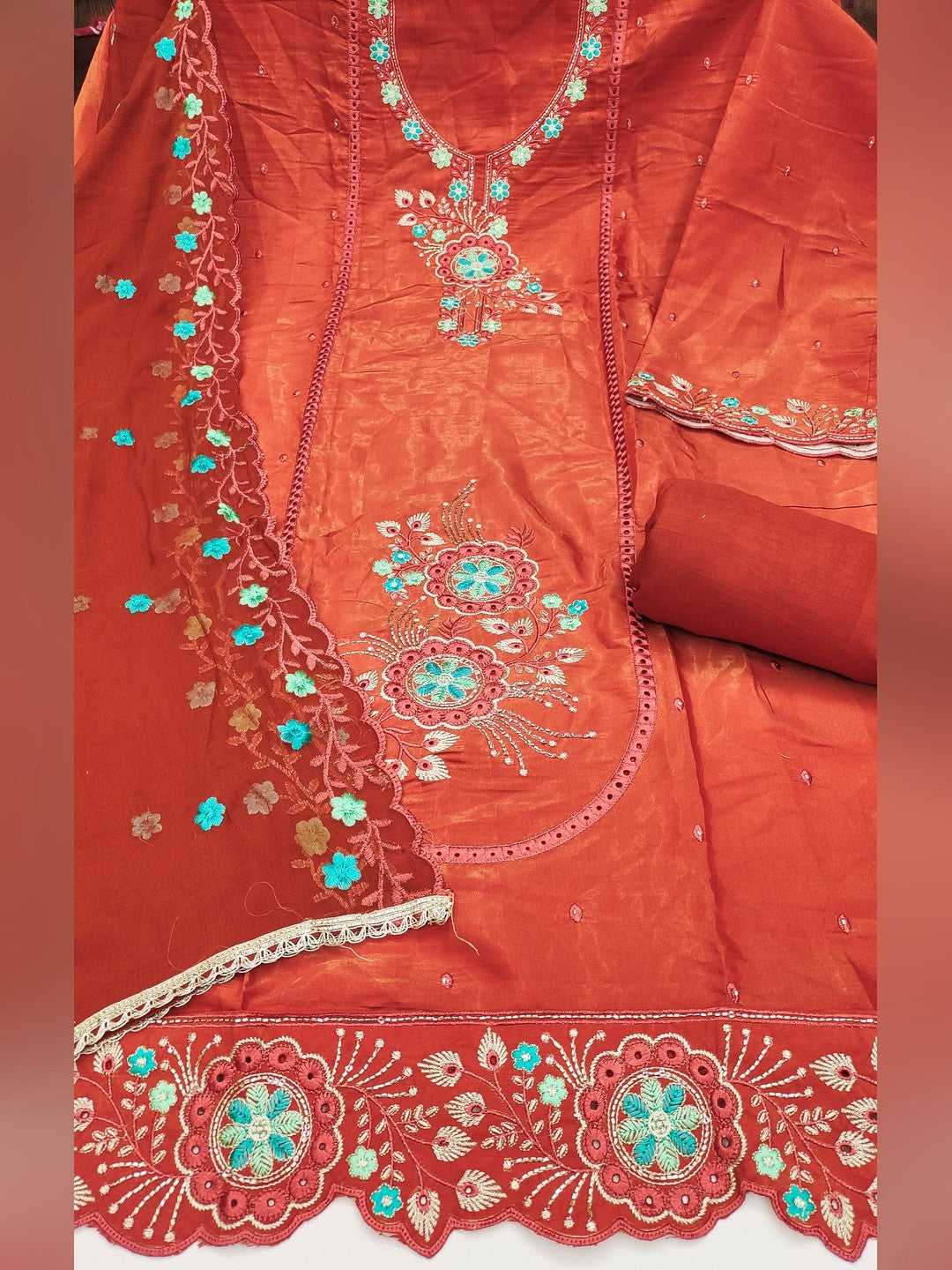 Classic Rust Floral Embroidered Viscose Dress Material With Graceful Handcrafted Finishing - Image 3