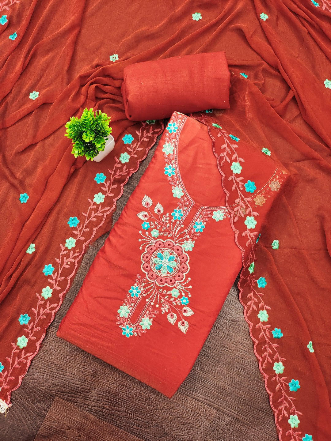 Classic Rust Floral Embroidered Viscose Dress Material With Graceful Handcrafted Finishing - Image 4