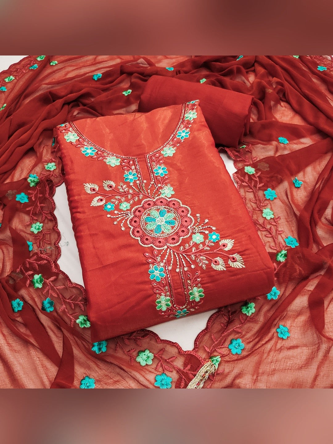 Classic Rust Floral Embroidered Viscose Dress Material With Graceful Handcrafted Finishing - Image 1