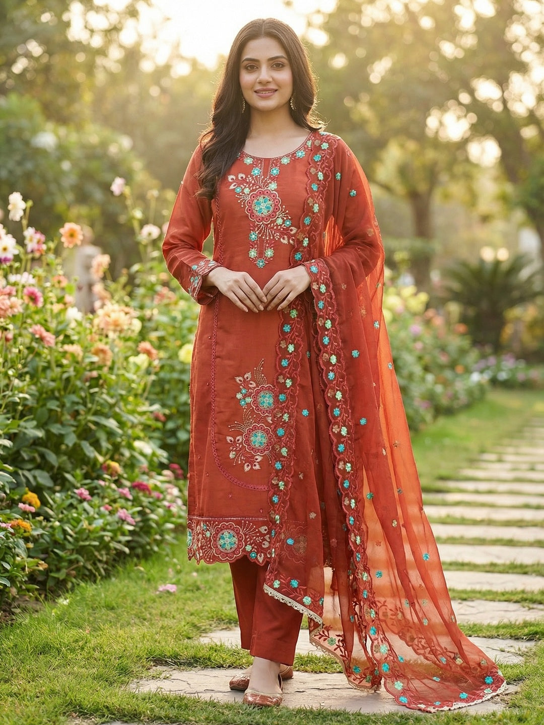 Classic Rust Floral Embroidered Viscose Dress Material With Graceful Handcrafted Finishing - Image 2