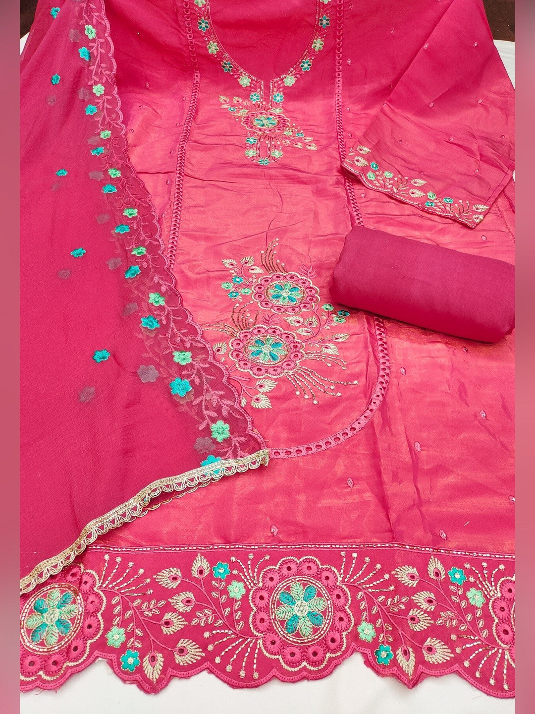 Classic Pink Floral Embroidered Viscose Dress Material With Graceful Handcrafted Finishing - Image 2