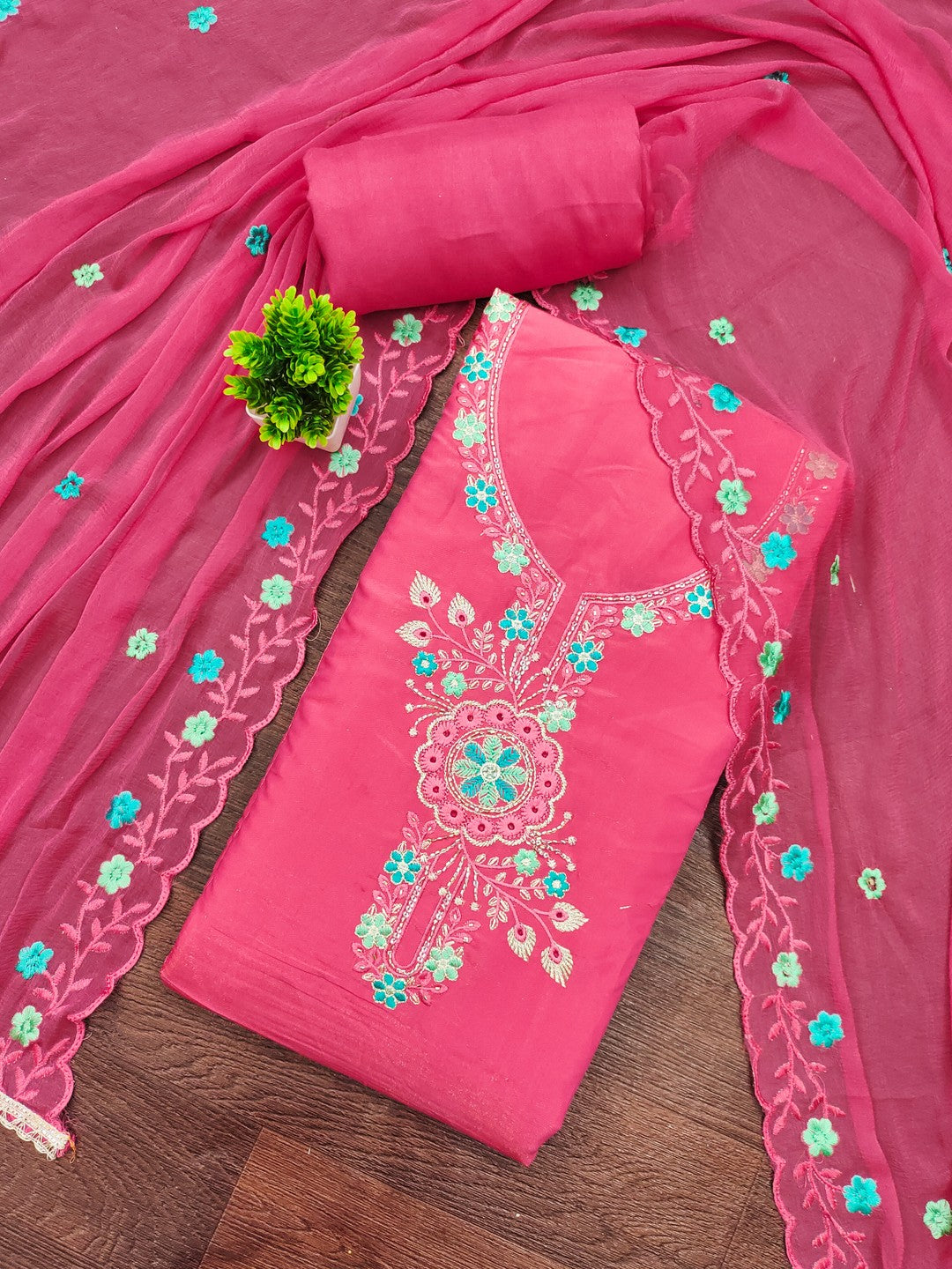 Classic Pink Floral Embroidered Viscose Dress Material With Graceful Handcrafted Finishing - Image 3