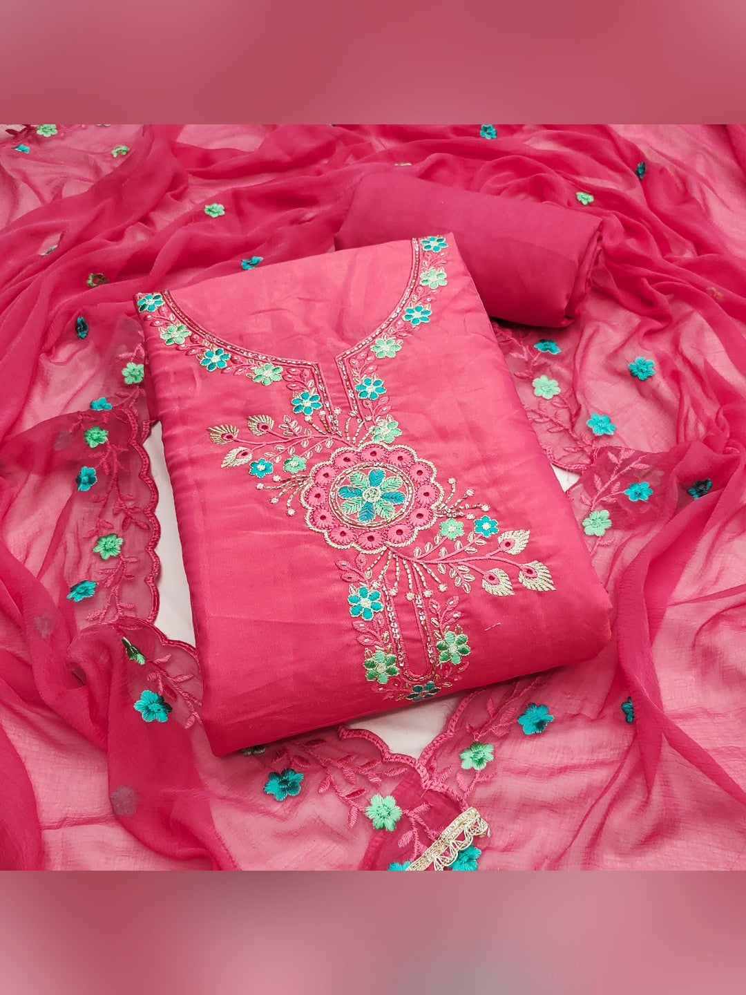 Classic Pink Floral Embroidered Viscose Dress Material With Graceful Handcrafted Finishing - Image 1