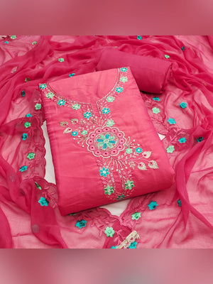 Classic Pink Floral Embroidered Viscose Dress Material With Graceful Handcrafted Finishing - Image 1
