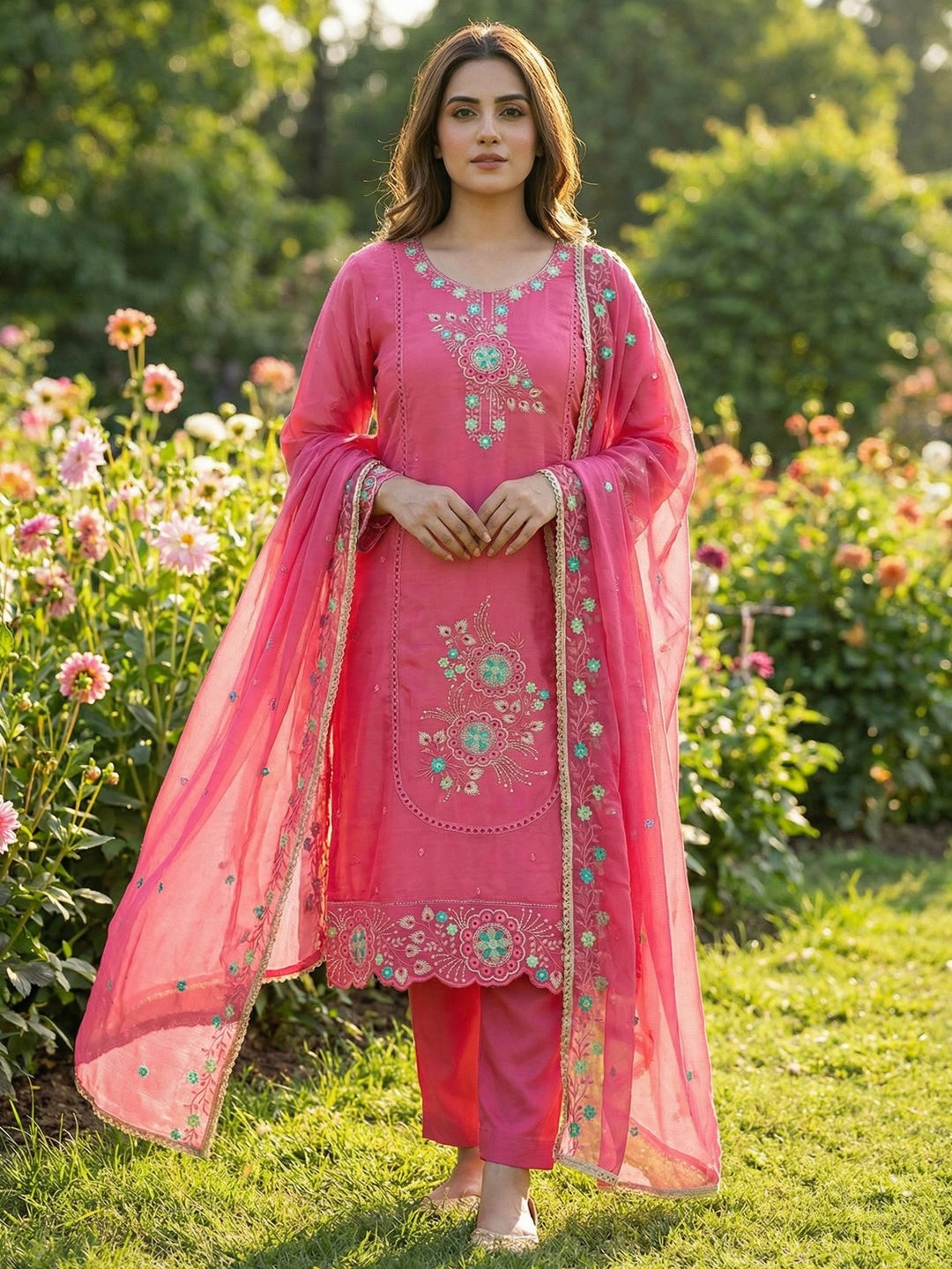 Classic Pink Floral Embroidered Viscose Dress Material With Graceful Handcrafted Finishing - Image 1