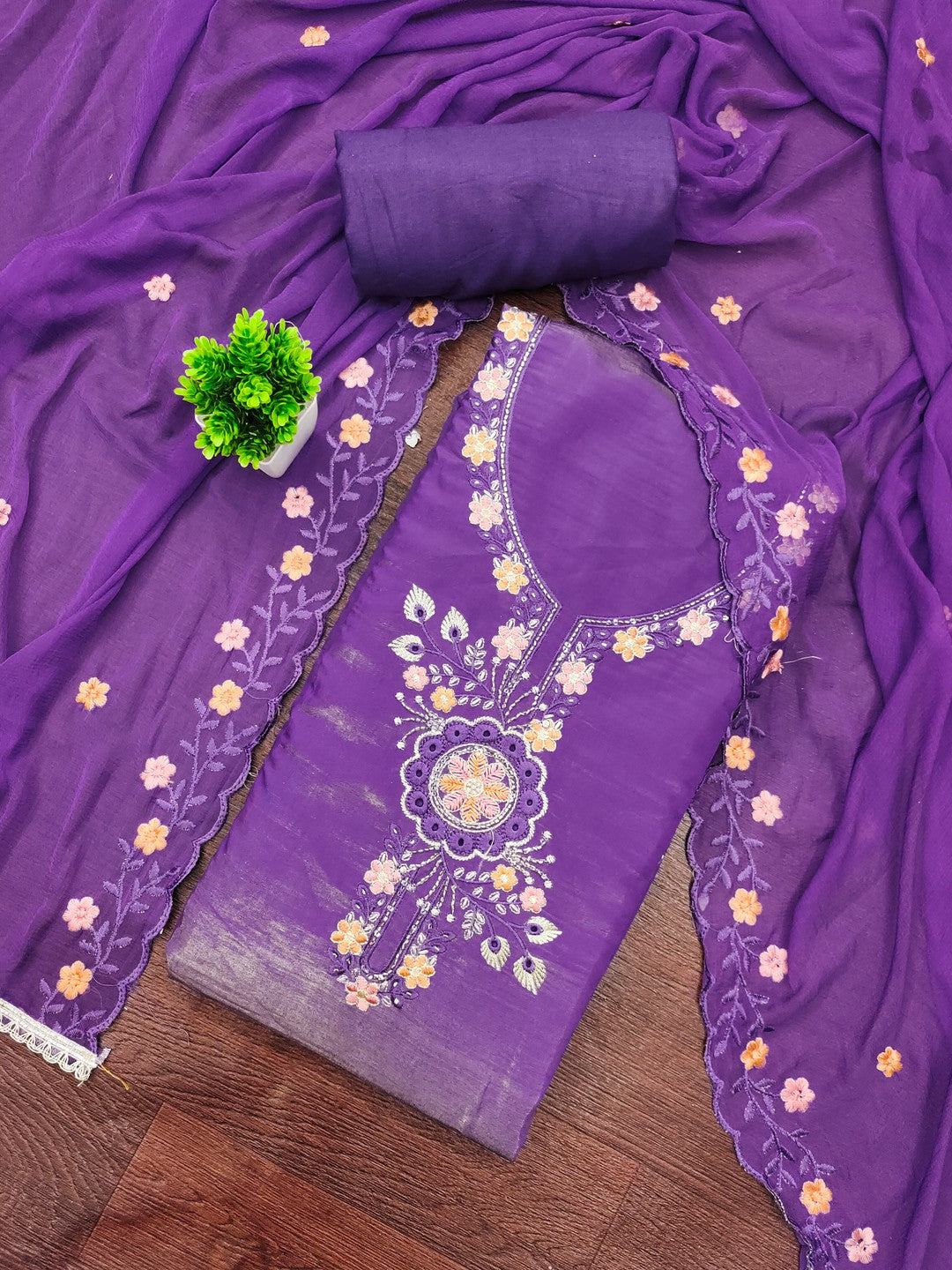 Classic Purple Floral Embroidered Viscose Dress Material With Graceful Handcrafted Finishing - Image 4