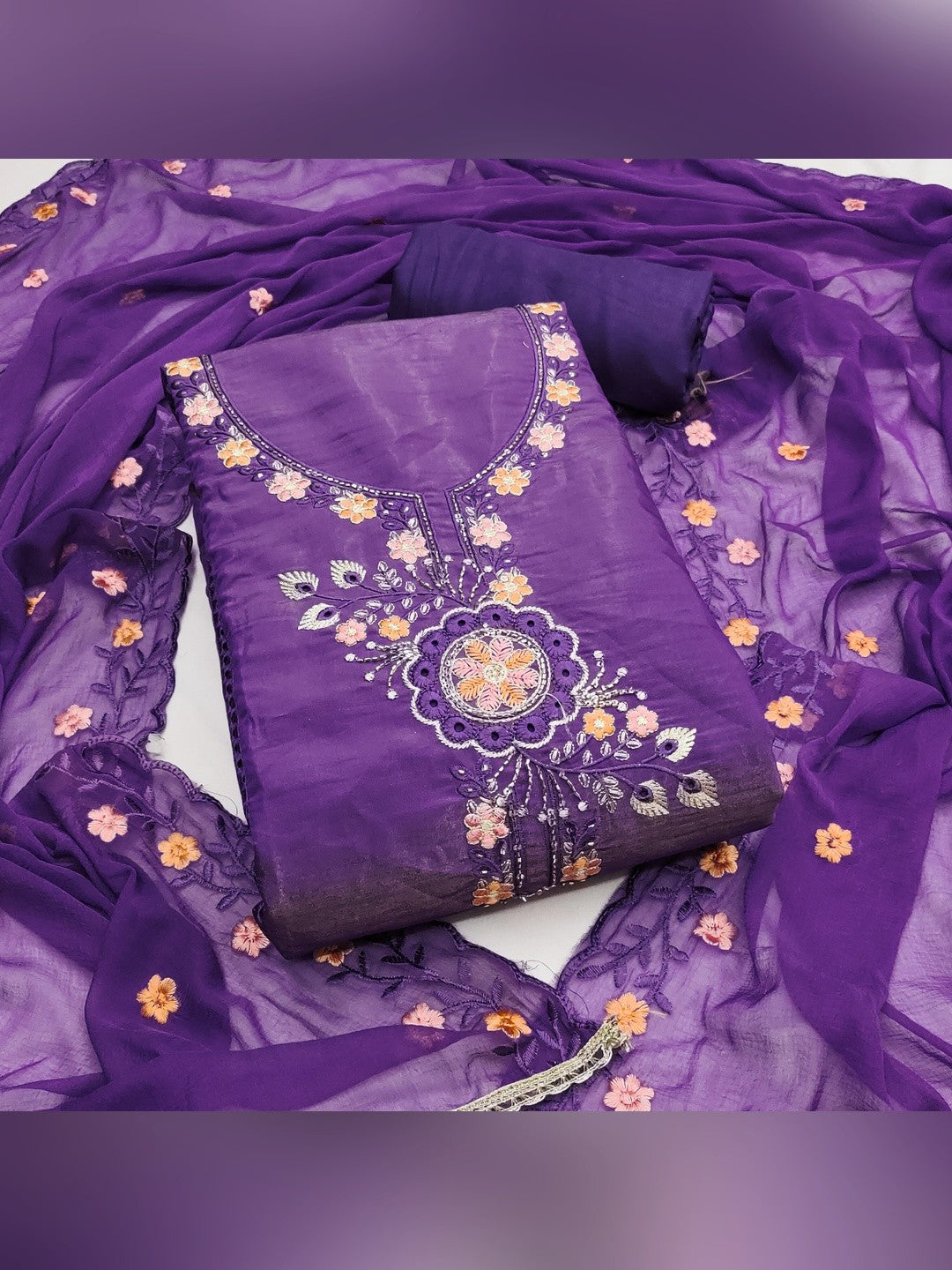 Classic Purple Floral Embroidered Viscose Dress Material With Graceful Handcrafted Finishing - Image 1