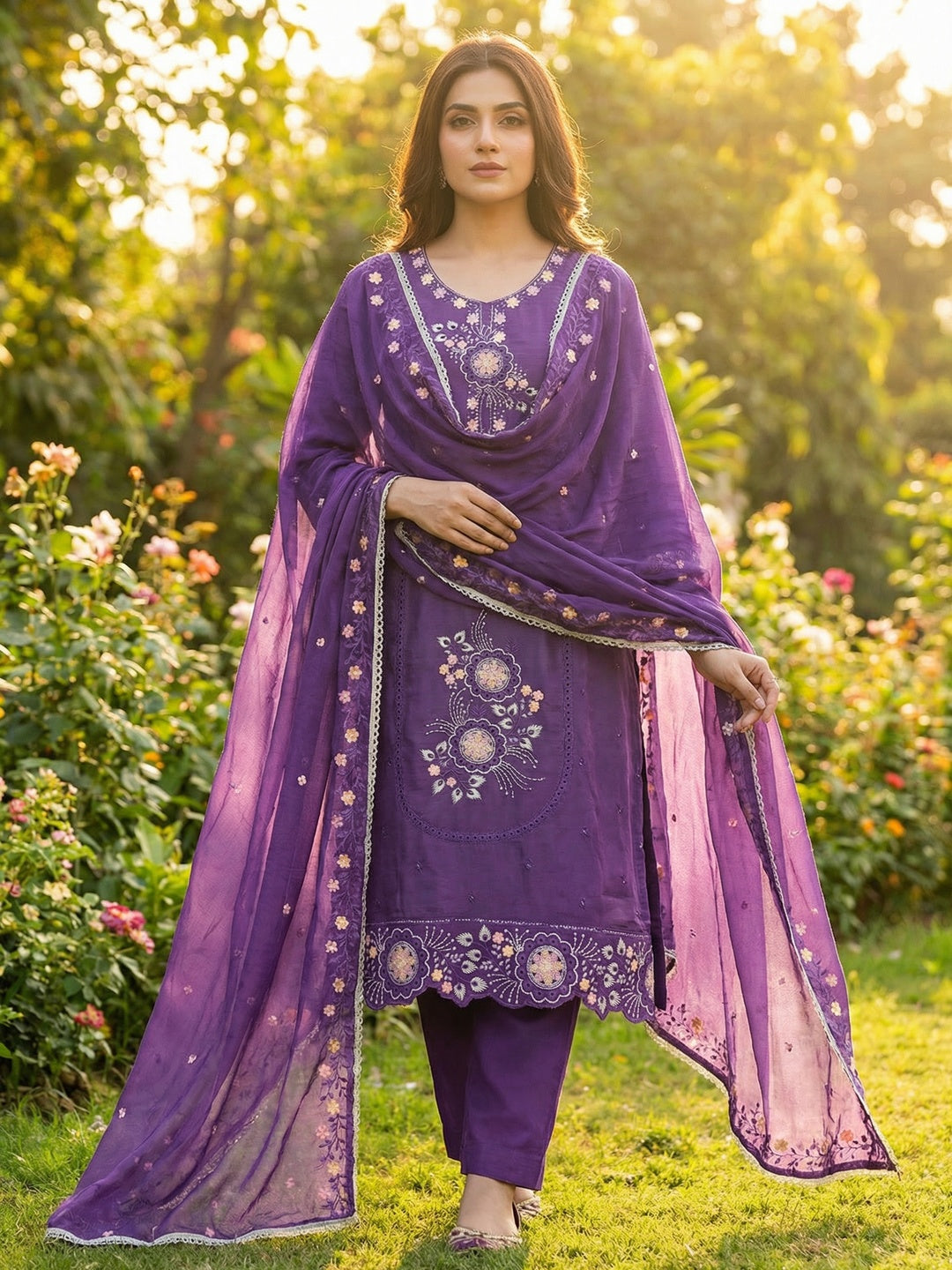 Classic Purple Floral Embroidered Viscose Dress Material With Graceful Handcrafted Finishing - Image 2