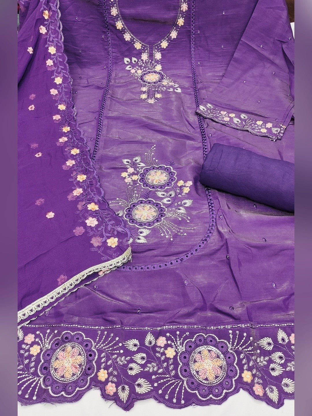 Classic Purple Floral Embroidered Viscose Dress Material With Graceful Handcrafted Finishing - Image 3