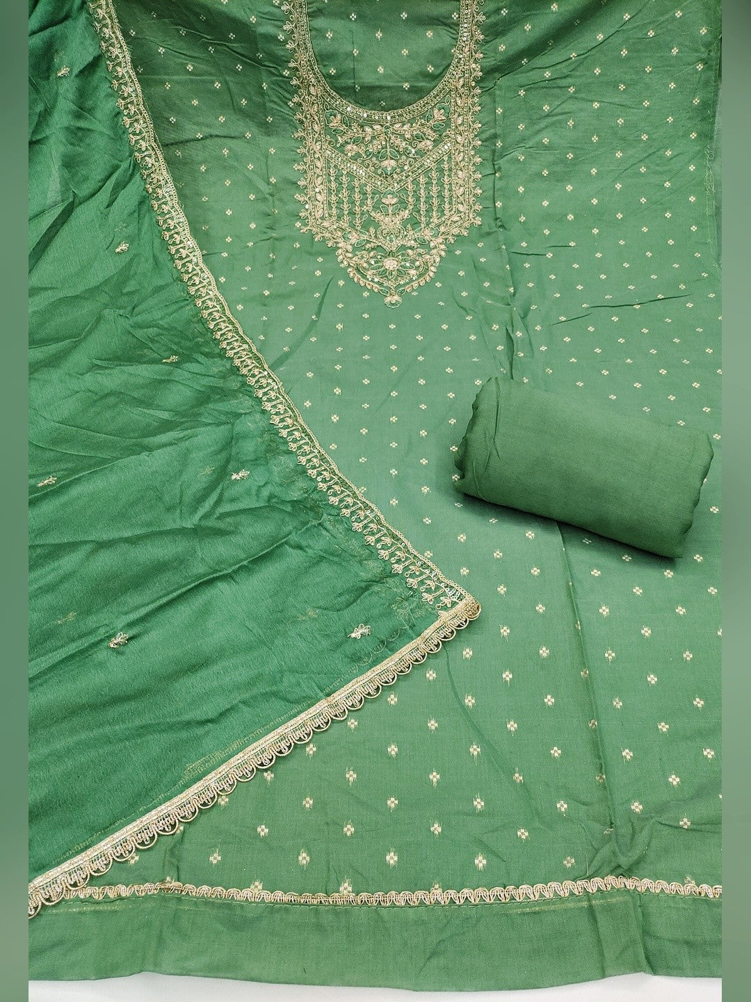 Premium Green Floral Chanderi Cotton Dress Material Adorned With Cording Embroidery & Sequins Work - Image 3