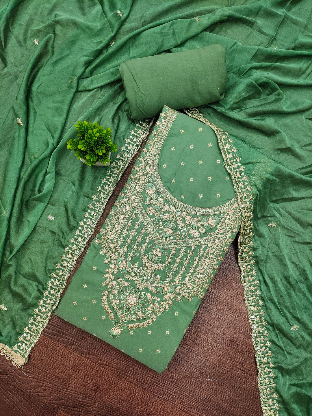 Premium Green Floral Chanderi Cotton Dress Material Adorned With Cording Embroidery & Sequins Work - Image 4