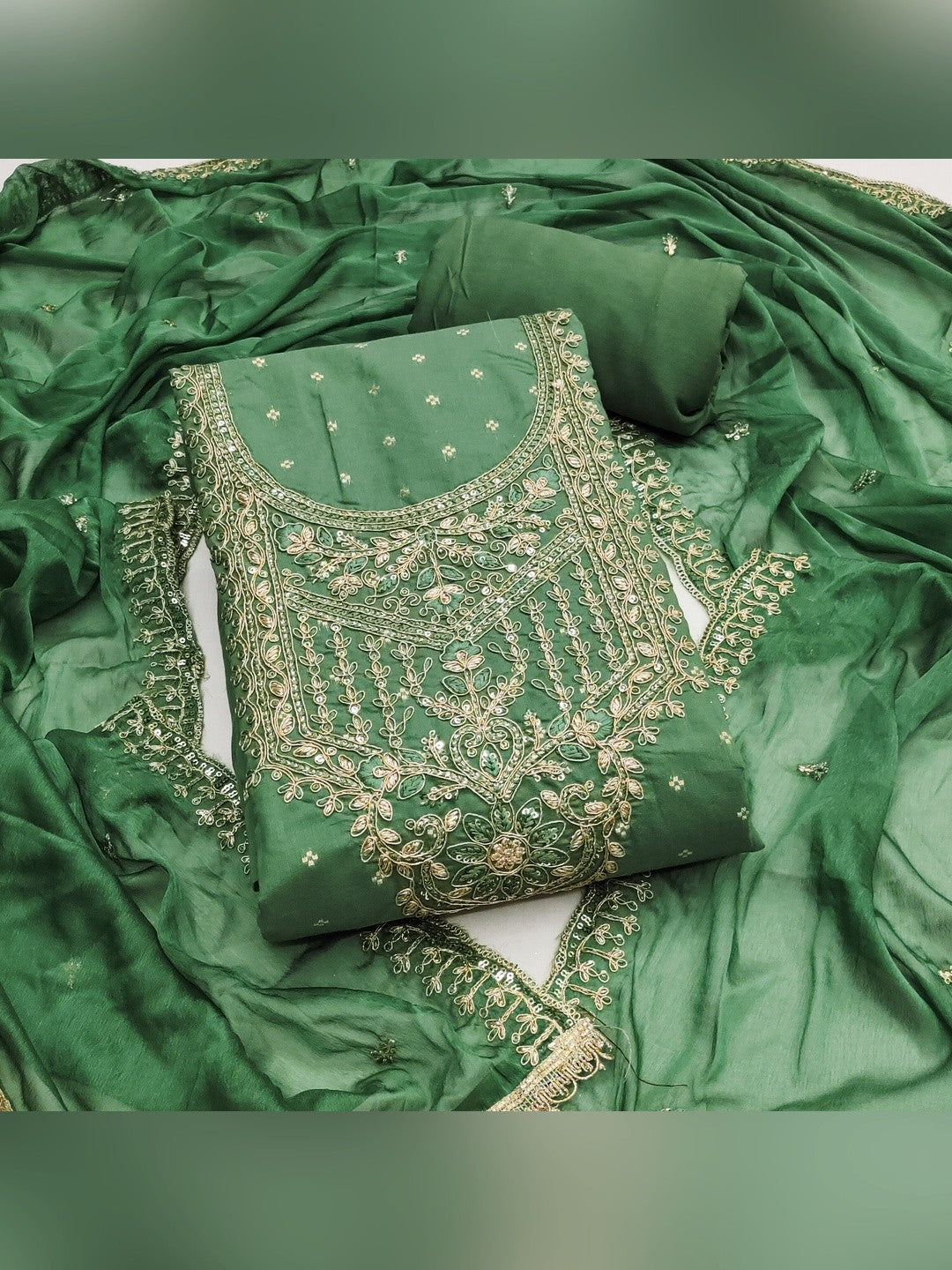 Premium Green Floral Chanderi Cotton Dress Material Adorned With Cording Embroidery & Sequins Work - Image 1